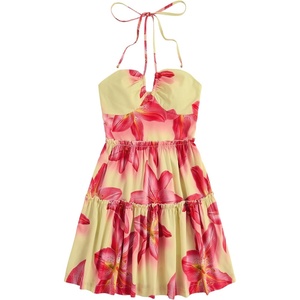 image:imageFloerns Womens Floral Sleeveless Halter Dress Milkmaid Flare Hem Boho Mini DressYellow and Pink