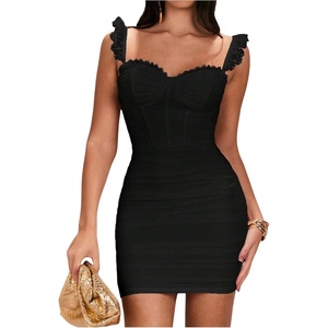 image:imageFloerns Womens Lace Trim Sweetheart Neck Ruched Corset Dress Sleeveless Mini Pencil DressesBlack
