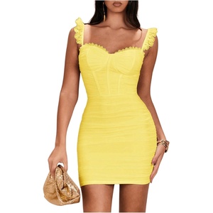 image:imageFloerns Womens Lace Trim Sweetheart Neck Ruched Corset Dress Sleeveless Mini Pencil DressesYellow