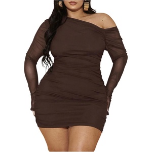 image:imageFloerns Womens Plus Size Off The Shoulder Mini Dress Mesh Long Sleeve Bodycon DressesCoffee Brown
