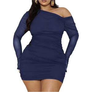 image:imageFloerns Womens Plus Size Off The Shoulder Mini Dress Mesh Long Sleeve Bodycon DressesDark Blue