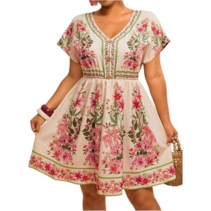 image:imageFloerns Womens Plus Size Summer Vacation Wrap V Neck Short Sleeve Ruffle Hem A Line Hawaiian Short DressApricot Pink Multi