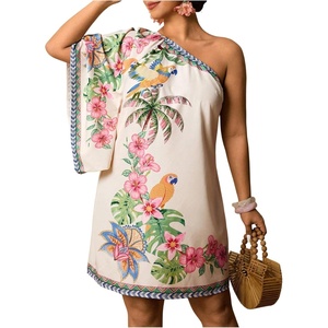 image:imageFloerns Womens Plus Size Tropical Summer Dresses Off The Shoulder Vacation Tunic DressBeige Multi