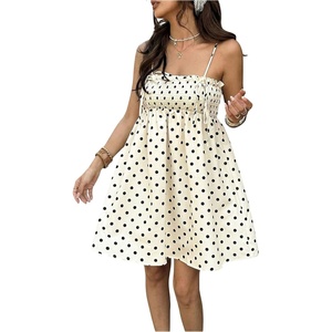 image:imageFloerns Womens Polka Dots Frill Trim Short Dress Shirred Spaghetti Strap Summer Vacation DressesApricot