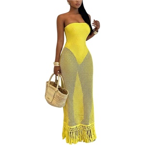 image:imageFloerns Womens Strapless Crochet Dress Tassel Trim Bodycon Beach Vacation Long DressesYellow