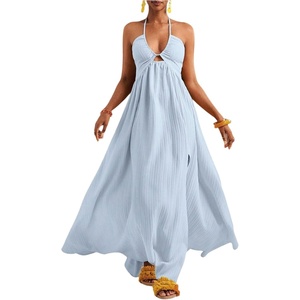 image:imageFloerns Womens Summer Halter Maxi Dress Sleeveless Cut Out Deep V Neck Slit Flowy Vacation DressesBlue