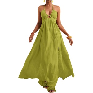 image:imageFloerns Womens Summer Halter Maxi Dress Sleeveless Cut Out Deep V Neck Slit Flowy Vacation DressesGreen