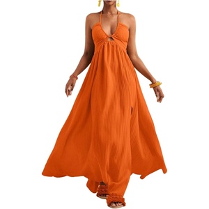 image:imageFloerns Womens Summer Halter Maxi Dress Sleeveless Cut Out Deep V Neck Slit Flowy Vacation DressesOrange