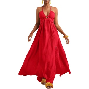 image:imageFloerns Womens Summer Halter Maxi Dress Sleeveless Cut Out Deep V Neck Slit Flowy Vacation DressesRed