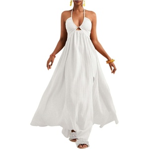 image:imageFloerns Womens Summer Halter Maxi Dress Sleeveless Cut Out Deep V Neck Slit Flowy Vacation DressesWhite