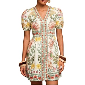 image:imageFloerns Womens Summer Tropical Mini Dress Puff Sleeve V Neck Vacation Outfit A Line DressesCream