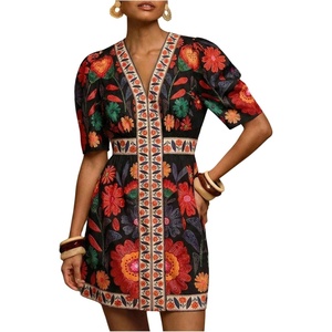 image:imageFloerns Womens Summer Tropical Mini Dress Puff Sleeve V Neck Vacation Outfit A Line DressesDark Black