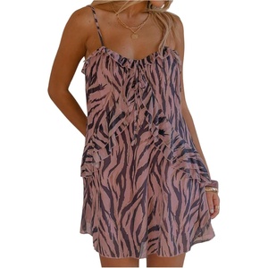 image:imageFloerns Womens Zebra Striped Cami Dresses Spaghetti Strap Ruffle Trim Going Out Mini DressDusty Pink