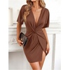 image:imageFloerns Womens Deep V Neck Twisted Plunging High Slit Mini Party DressBrown