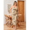 image:imageFloerns Womens Plus Size Vintage Graphic Mesh Cami Dress Draped Bodycon Long DressesKhaki Vintage Floral