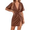 image:imageFloerns Womens Deep V Neck Twisted Plunging High Slit Mini Party DressBrown