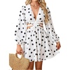 image:imageFloerns Womens Tropical Bishop Sleeve Mini Dress Cut Out Tie Back V Neck Beach A Line DressesWhite Polka Dots