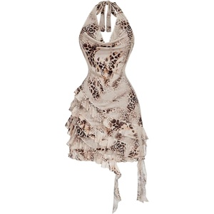 image:imageFloerns Womens Cheetah Print Draped Halter Mini Dress Tiered Ruffle Trim A Line Party Club DressesKhaki