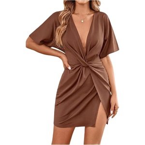 image:imageFloerns Womens Deep V Neck Twisted Plunging High Slit Mini Party DressBrown