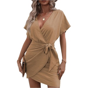 image:imageFloerns Womens Fall Fashion Cocktail Wrap Deep V Neck Dress Tie Side Dolman Sleeve Summer Short DressesApricot