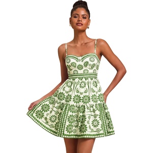 image:imageFloerns Womens Floral Boho Mini Dress Spaghetti Strap Vintage Tiered Ruffle Summer Beach Vacation Short DressesArmy Green Floral
