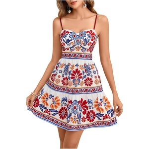 image:imageFloerns Womens Floral Boho Mini Dress Spaghetti Strap Vintage Tiered Ruffle Summer Beach Vacation Short DressesBlue and Red