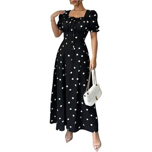image:imageFloerns Womens Floral Short Puff Sleeve Milkmaid Dress Boho A Line Long DressesBlack Polka Dots