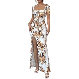 image:imageFloerns Womens Floral Short Puff Sleeve Milkmaid Dress Boho A Line Long DressesKhaki