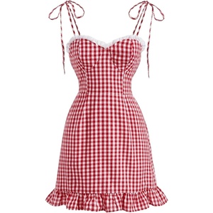 image:imageFloerns Womens Gingham Print tie Shoulder Sleeveless Ruffle Hem cami DressRed and White