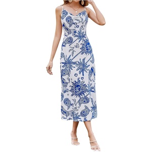 image:imageFloerns Womens Leopard Print Draped Collar Spaghetti Strap Cami Long DressBlue White Paisley