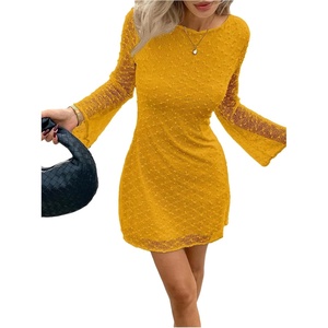 image:imageFloerns Womens Mesh Long Sleeve Mini Dress Crew Neck Graduation Party Bodycon DressLight Yellow
