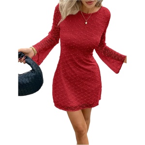 image:imageFloerns Womens Mesh Long Sleeve Mini Dress Crew Neck Graduation Party Bodycon DressRed