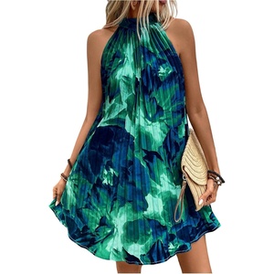 image:imageFloerns Womens Paisley Print Pleated Halter Dress Sleeveless A Line Short DressesGreen Tiedye