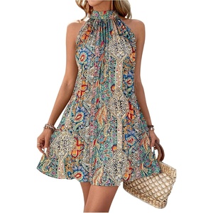 image:imageFloerns Womens Paisley Print Pleated Halter Dress Sleeveless A Line Short DressesMulticolor
