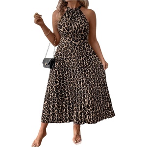 image:imageFloerns Womens Plus Size Boho Sleeveless Halter Neck Tie Back A Line Long DressBrown Leopard