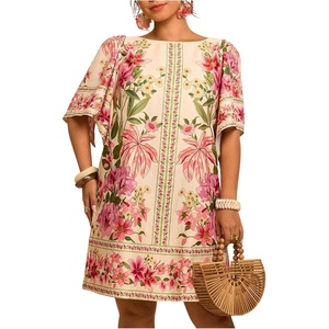 image:imageFloerns Womens Plus Size Floral Short Sleeve Boho Dresses Crew Neck Summer Casual Tunic DressApricot