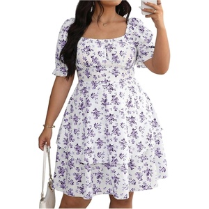 image:imageFloerns Womens Plus Size Tea Party Floral Layered Ruffle Dress Square Neck A Line Short DressesPurple and White Floral