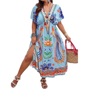 image:imageFloerns Womens Plus Size Tribal Print Dolman Sleeve Slit Summer Maxi A Line DressLight Blue