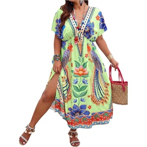 image:imageFloerns Womens Plus Size Tribal Print Dolman Sleeve Slit Summer Maxi A Line DressLime Green