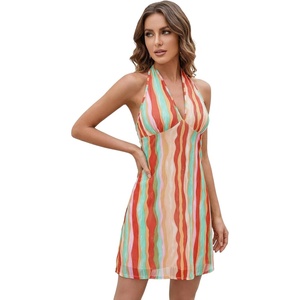 image:imageFloerns Womens Summer Sleeveless Halter Backless Tie Back Polka Dots Bodycon Mini Sun DressRed Multi