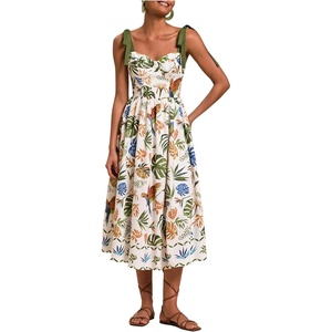 image:imageFloerns Womens Summer Tie Shoulder Midi Dress Tropical Smocked Ruffle Vacation DressesWhite