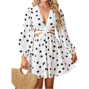 image:imageFloerns Womens Tropical Bishop Sleeve Mini Dress Cut Out Tie Back V Neck Beach A Line DressesWhite Polka Dots