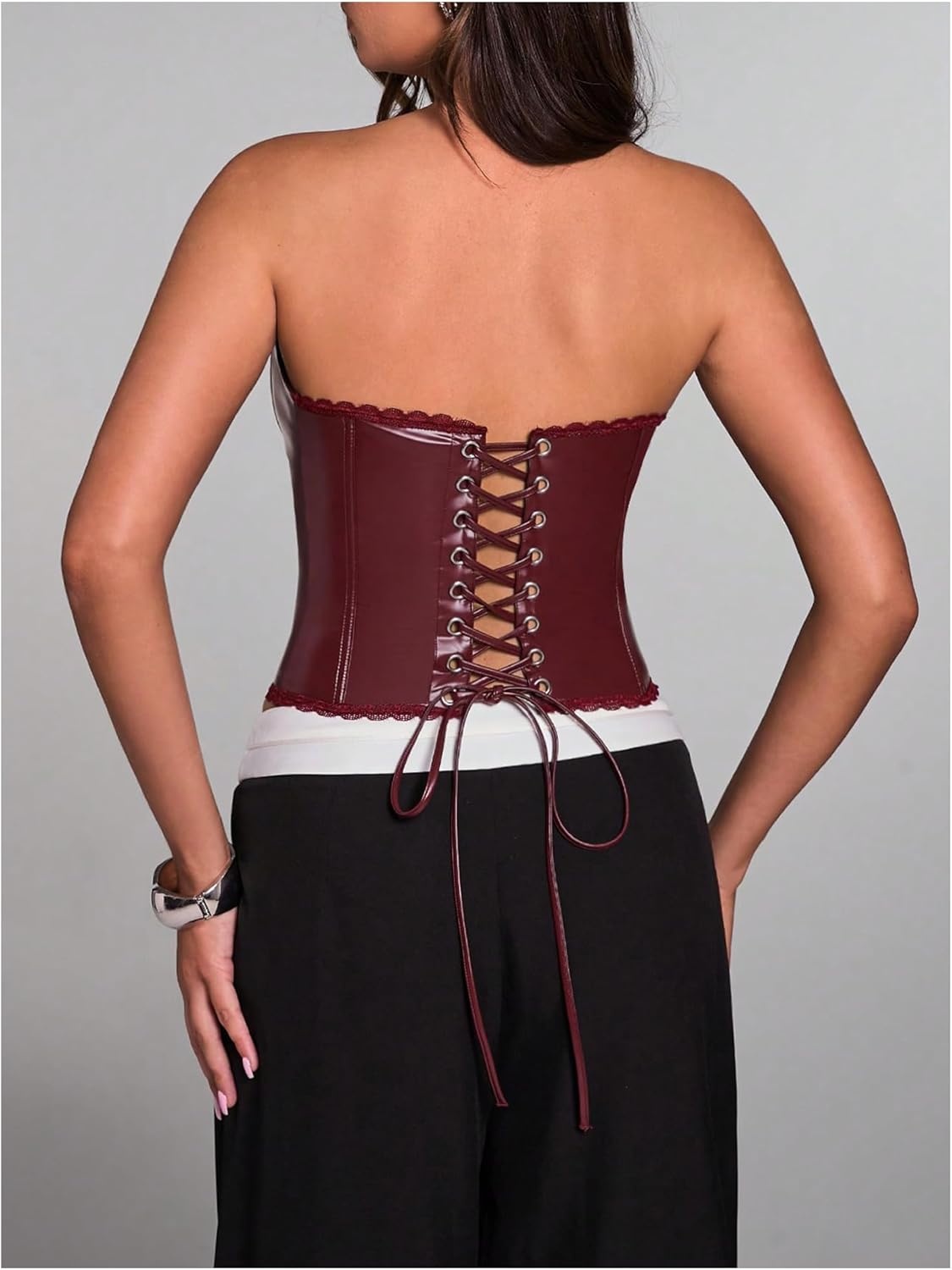 image:imageFloerns Womens Rave Vintage Leather Corset Top Lace Trim Strapless Date Night Party Tube TopsBurgundy