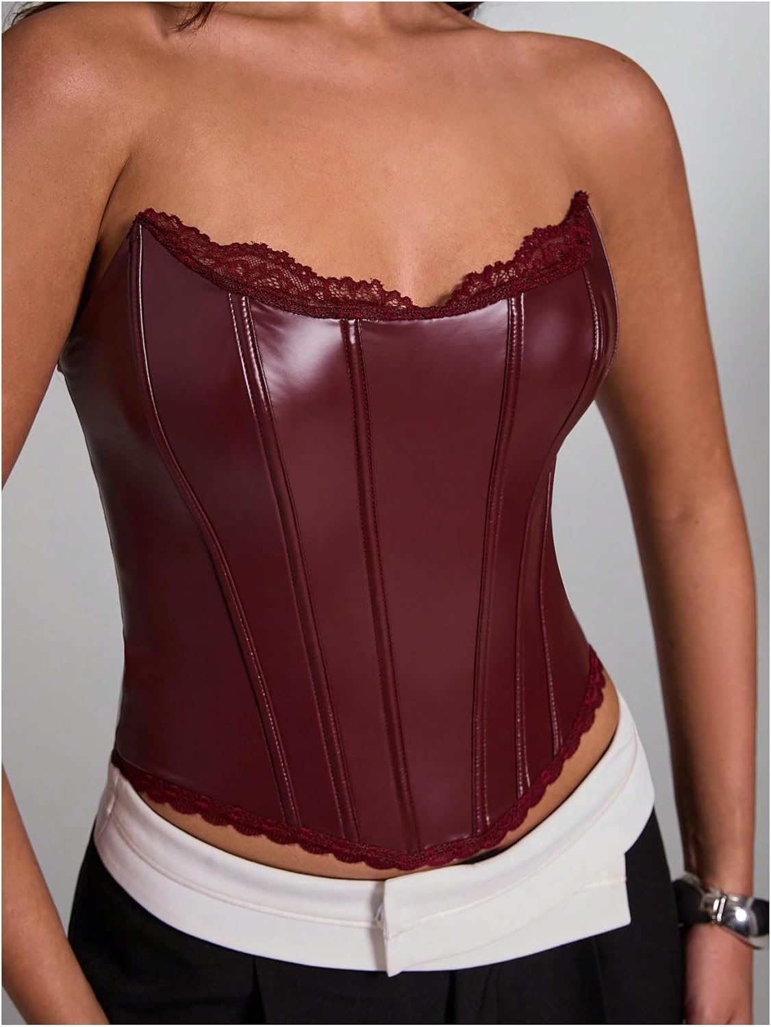 image:imageFloerns Womens Rave Vintage Leather Corset Top Lace Trim Strapless Date Night Party Tube TopsBurgundy