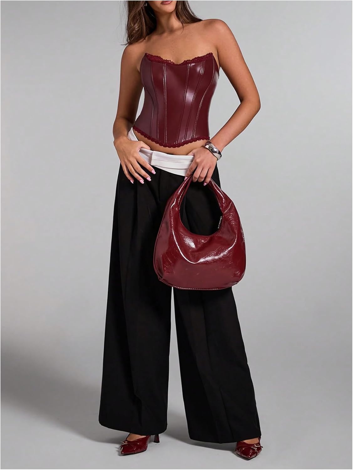 image:imageFloerns Womens Rave Vintage Leather Corset Top Lace Trim Strapless Date Night Party Tube TopsBurgundy