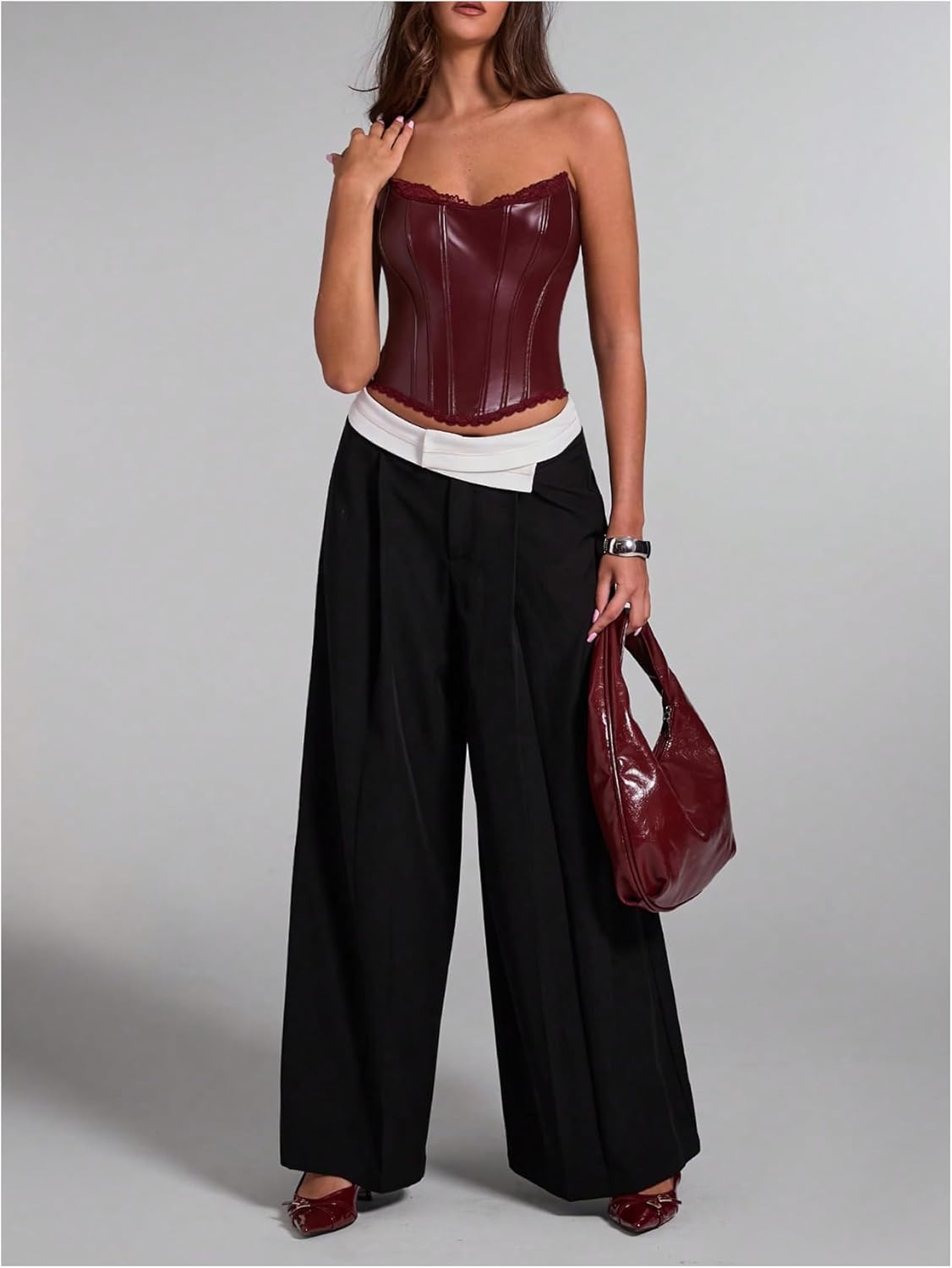 image:imageFloerns Womens Rave Vintage Leather Corset Top Lace Trim Strapless Date Night Party Tube TopsBurgundy
