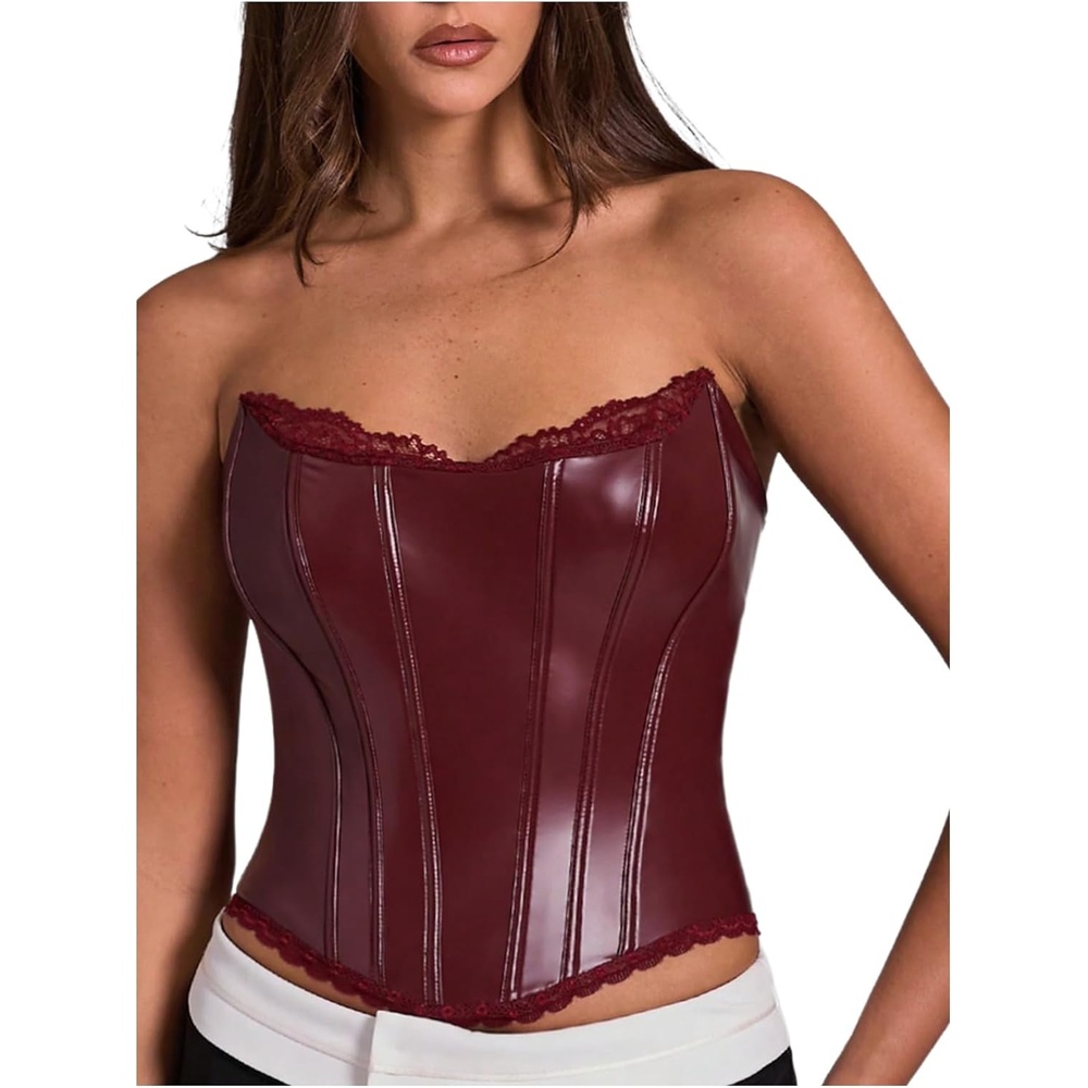 image:imageFloerns Womens Rave Vintage Leather Corset Top Lace Trim Strapless Date Night Party Tube TopsBurgundy