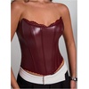 image:imageFloerns Womens Rave Vintage Leather Corset Top Lace Trim Strapless Date Night Party Tube TopsBurgundy