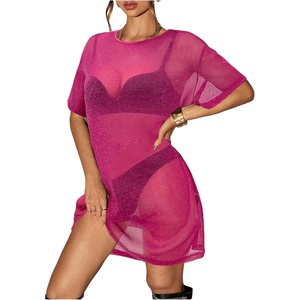 image:imageFloerns Womens Glitter Sparkly Short Sleeve Sexy Party Dress Sheer Mesh Loose Club Rave Concert Festival Short DressHot Pink