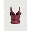 image:imageFloerns Womens PU Leather Button Front Belted Tank Top Wrap V Neck Wide Strap Sleeveless TopsBurgundy